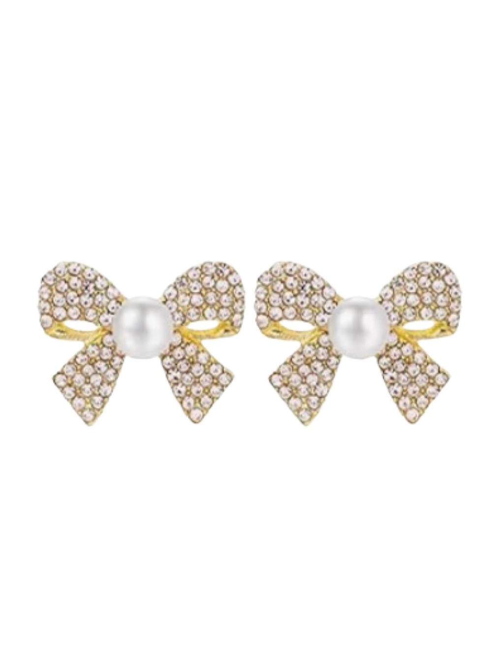 Pearl Center Gold Bow Crystal Stud Earrings - Women Jewelry